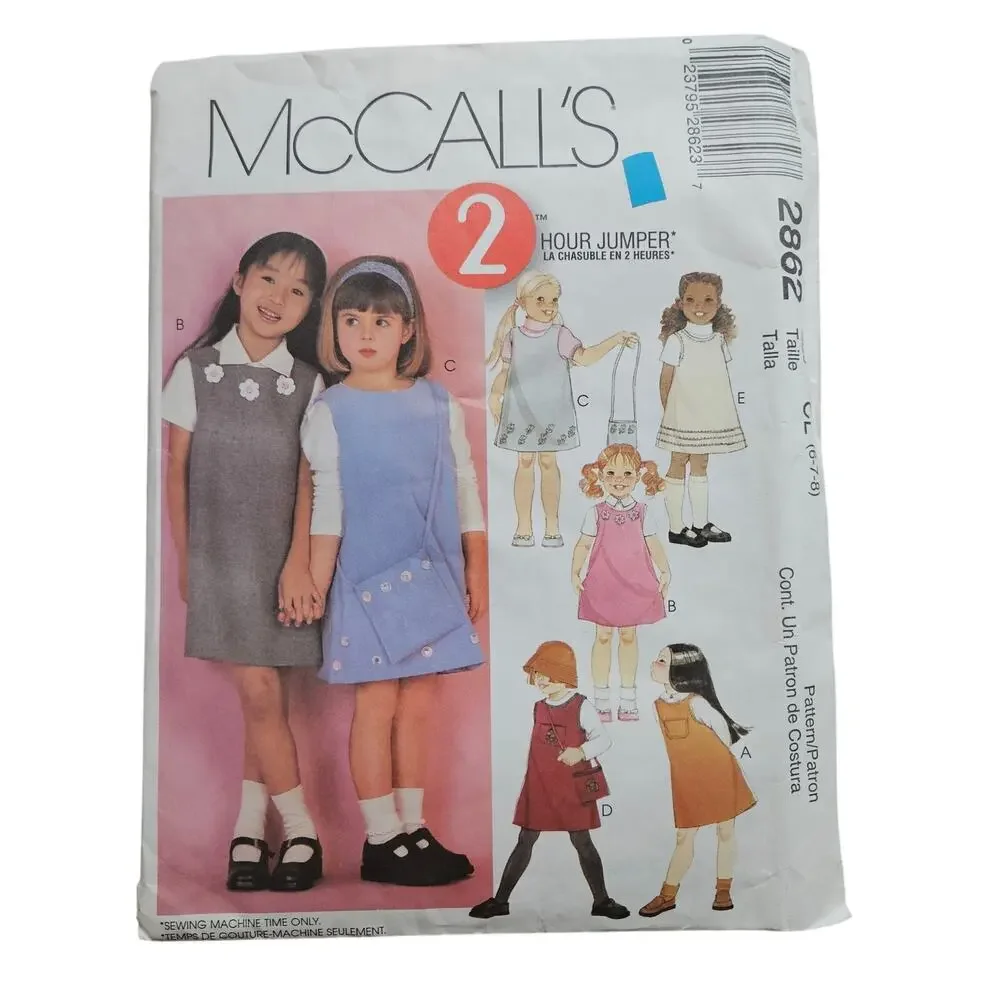 Vintage McCall's 2862 Easy 2 Hour Sewing Pattern for girls' jumpers and bags.